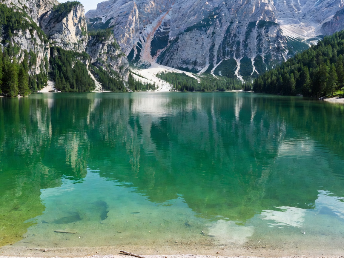 Emerald green waters of Lake Braies Pragser Wildsee in Dolomites