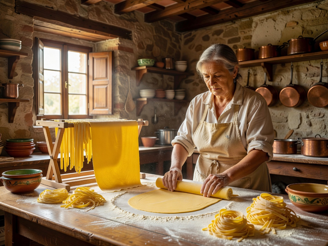 Fresh authentic artisanal Italian pasta being prepared in traditional kitchen