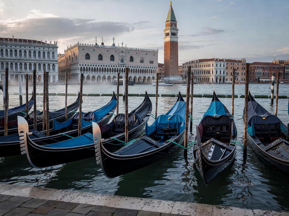 Gondolas moored near Saint Mark Square and Grand Canal in Venice