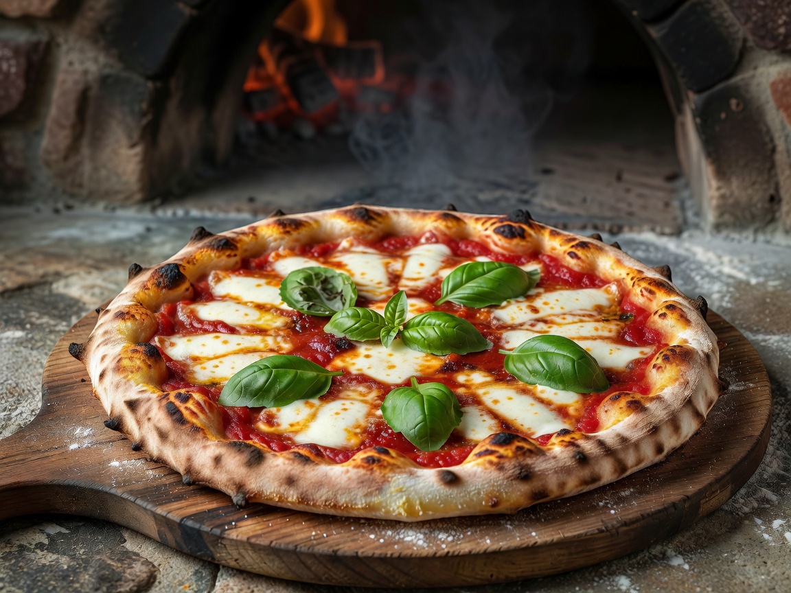 Italian wood-fired artisanal pizza with fresh basil and mozzarella