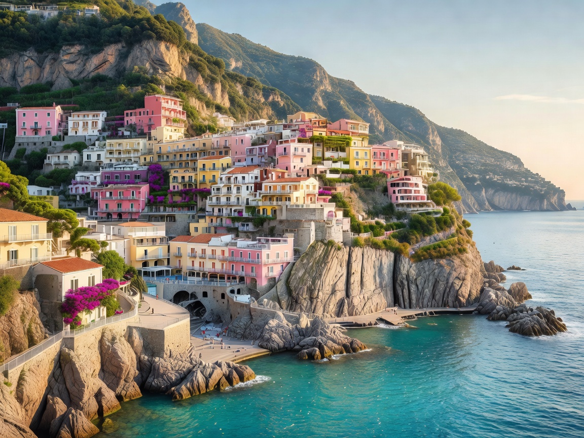 Pastel cliffside villas overlooking turquoise waters of Positano Amalfi Coast