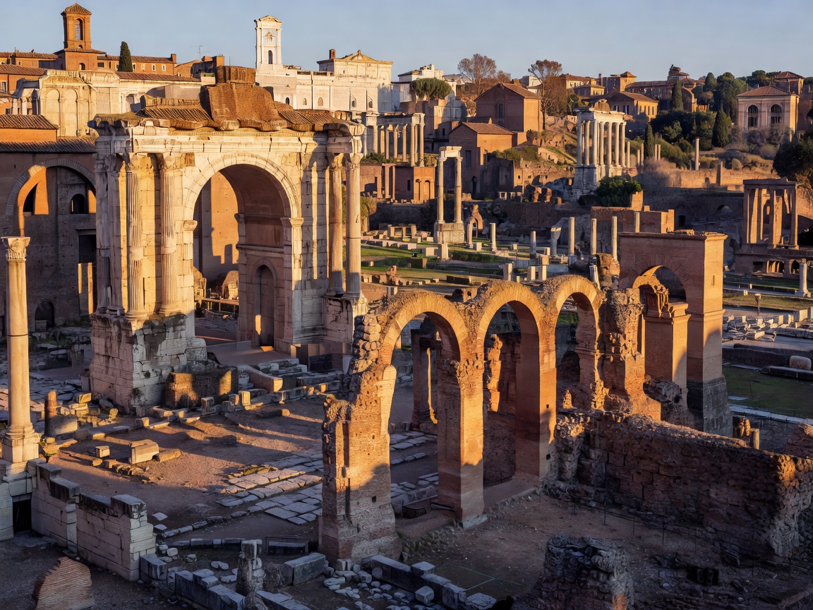 The Roman Forum ruins and Palatine Hill arches in Rome