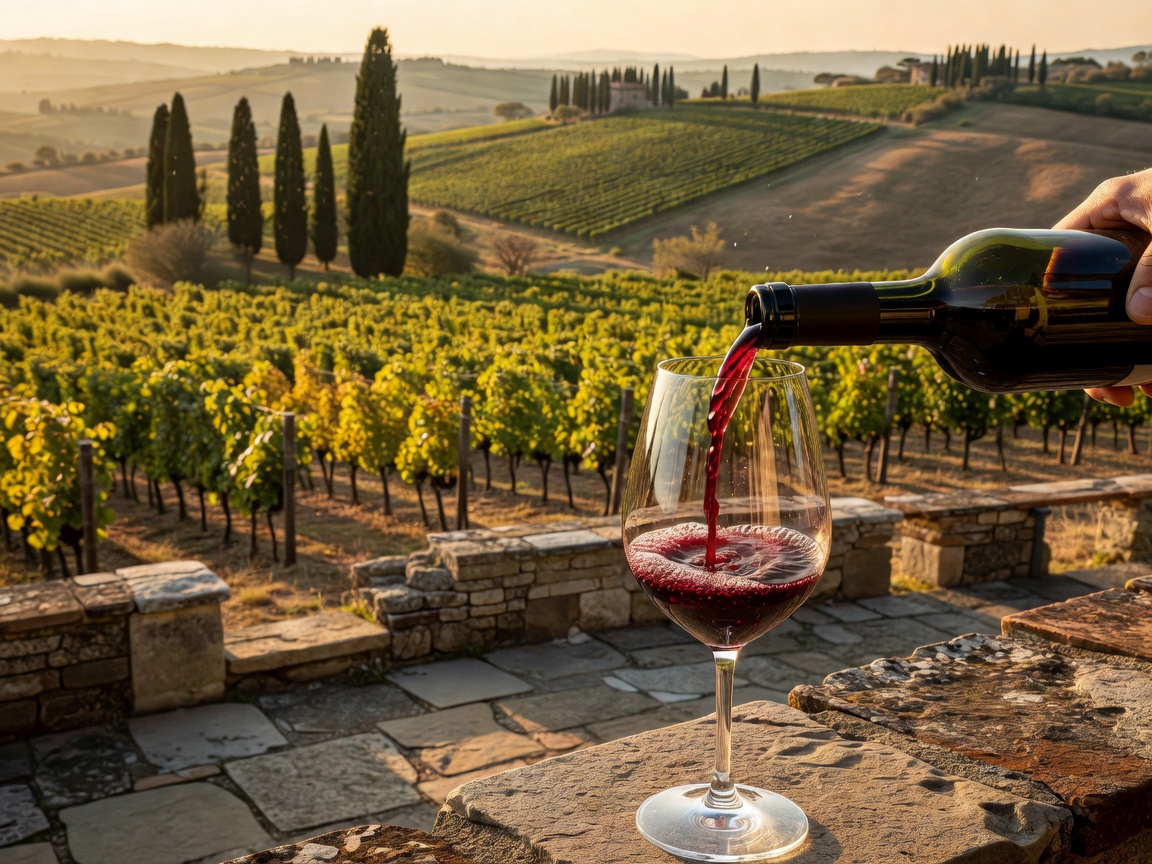 Tuscan red wine and rolling vineyard hills in Chianti Tuscany